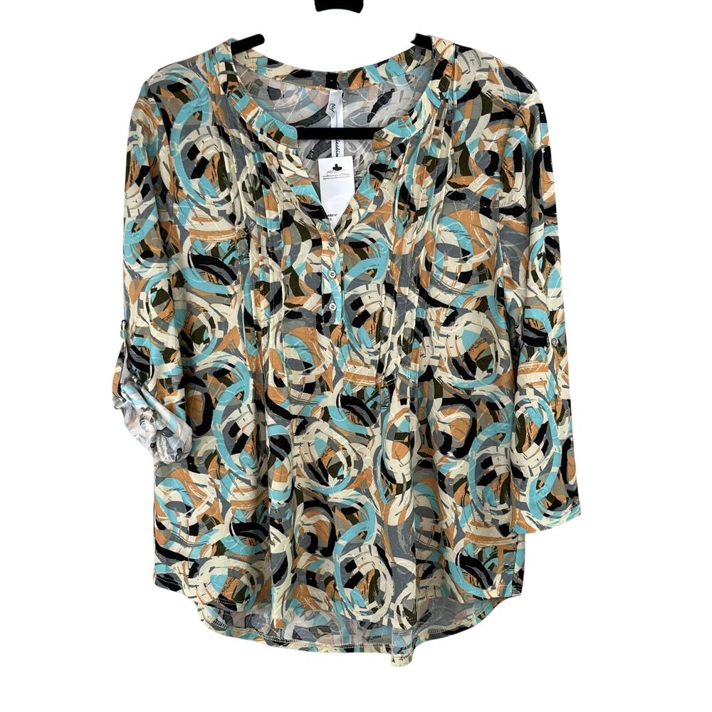 NY Collection Petite Large NWT Abstract Print Roll Tab Tunic Blouse Work Wear